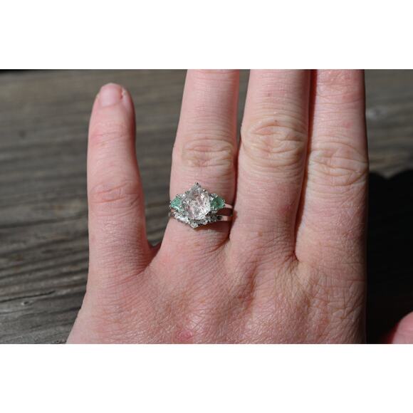 Pear shaped lake county diamond and emerald engagement ring set - Picture 2 of 5